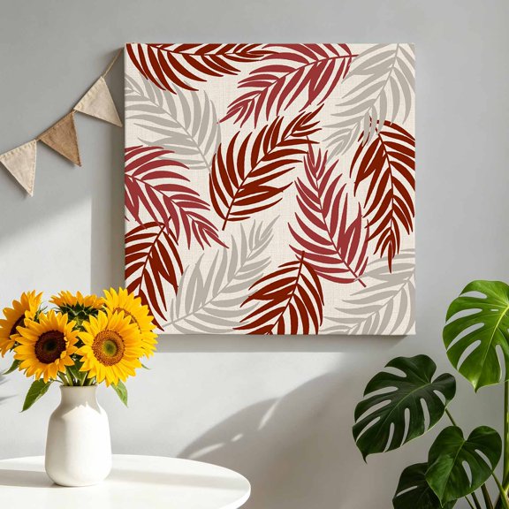 Red Palm Leaf Canvas Wall Art for Living Room, Country Vintage Minimalist Botanical Leaves Poster Print Painting for Bedroom Office Home Decoration Wall Pictures Prepare To Hang 8"x8"