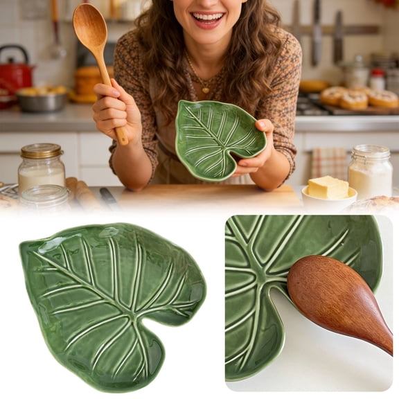 Red Palm Leaf Ceramic Spoon Holder – Miyuadkai Taro Shaped Heat Utensil Tray for Kitchen Counter, Stovetop Utensil Rest for Cooking Tools, Farmhouse Decor