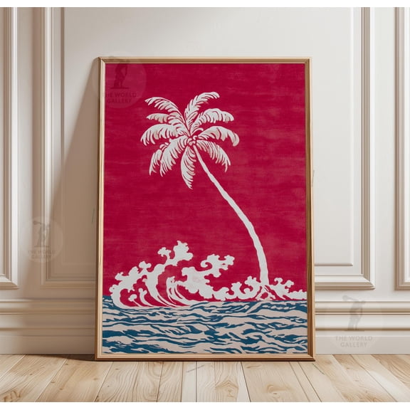 Red Palm Tree Ocean Wave Poster, Vintage Coastal Beach Print, Poster Only