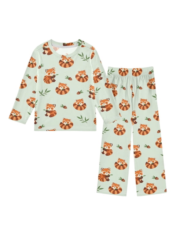 Red Panda Bamboo Leaf Hazelnut Cozy Soft Long Sleeves Top and Pants 2 Piece Cool Pjs Pajamas Set Sleepwear Size 3-11Y