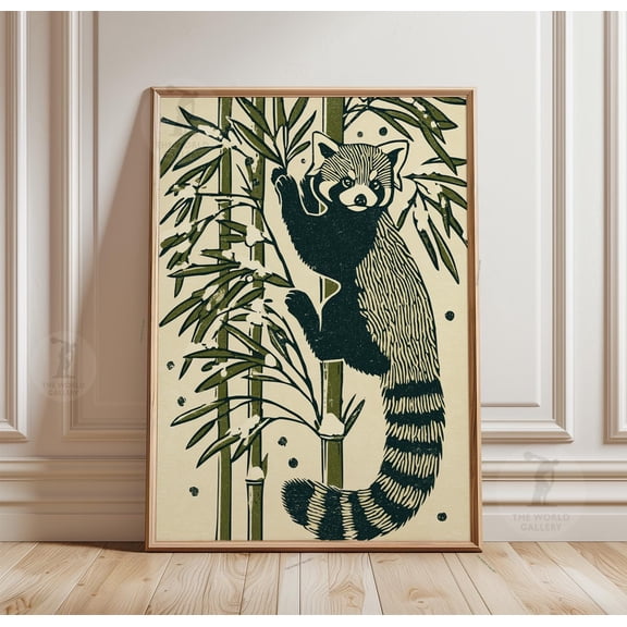 Red Panda Bamboo Poster, Japanese Woodblock Animal Print, Minimal Forest Wall Art Decor , Poster Print Only