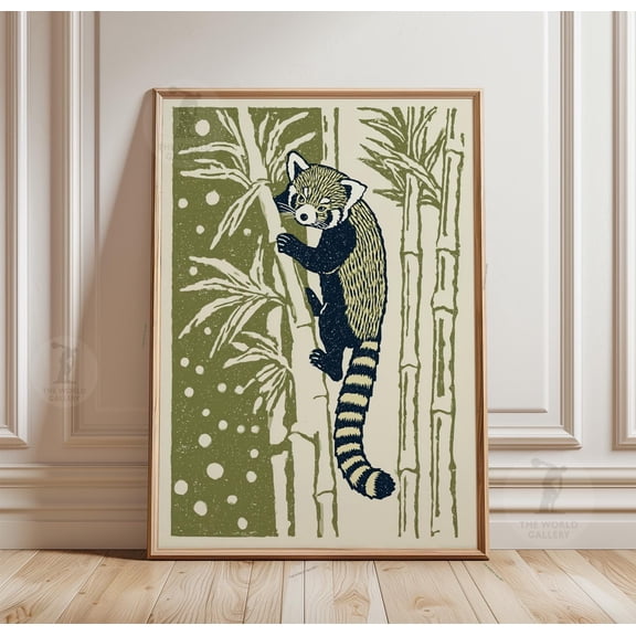 Red Panda Bamboo Poster, Japanese Woodblock Animal Print, Minimal Forest Wall Art Decor , Poster Print Only