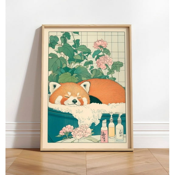 Red Panda In Bathtub, Japanese Bathroom Print, Japan Art Print, Neutral Soft Japandi Decor, Minimalist Aesthetic Wall Art Wall Art, Modern Wall Decor, 8x12 UNFRAMED