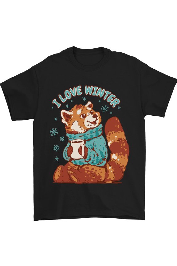 Red Panda Bear I Love Winter Mens T-Shirt 100% Cotton