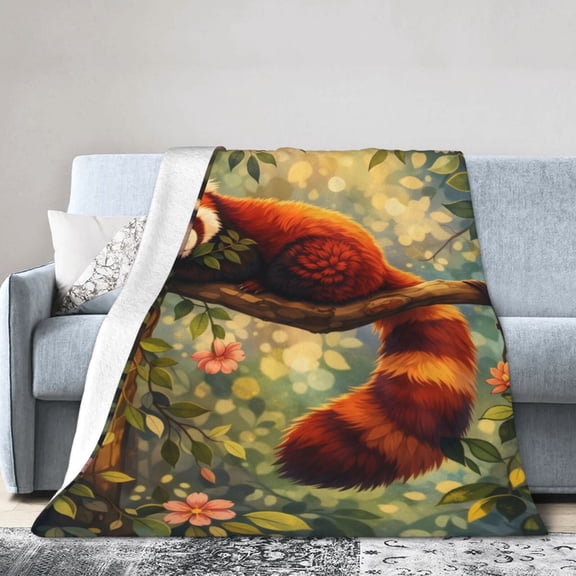 Red Panda Blanket Gift Cozy Soft Home Decor Featuring Relaxing Forest 50x40