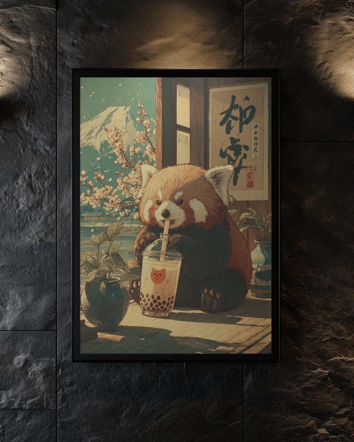 Red Panda Bubble Tea Print | Vintage Japanese Wall Art | Boba Tea ...