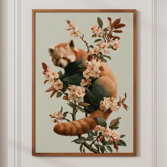 Red Panda Cherry Blossom Botanical Animal Nature Poster , Poster Print Only