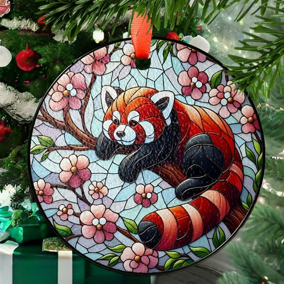 Red Panda and Cherry Blossom Glass Suncatcher , Red Panda Sun Catcher Ornament , Ideal Red Panda Lover Gift , Unique Animal Lover Decor, 2025, Holiday 2025, Seasonal Holiday