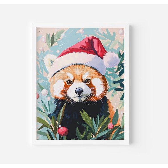 Red Panda Christmas Wall Art Print, Santa Hat Winter Nursery Decor