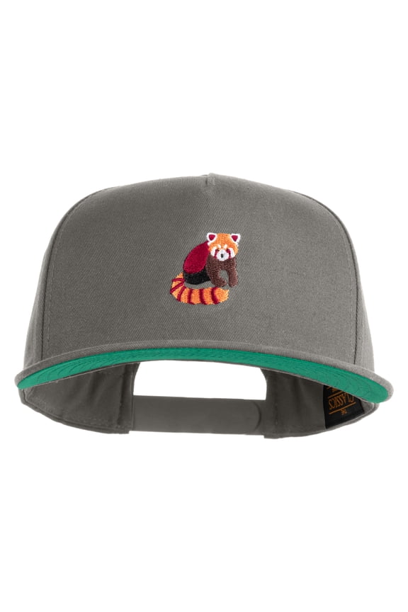 Red Panda Embroidered 5 Panel Flat Bill Twill Snapback Solid Cap - Dark Grey OSFM