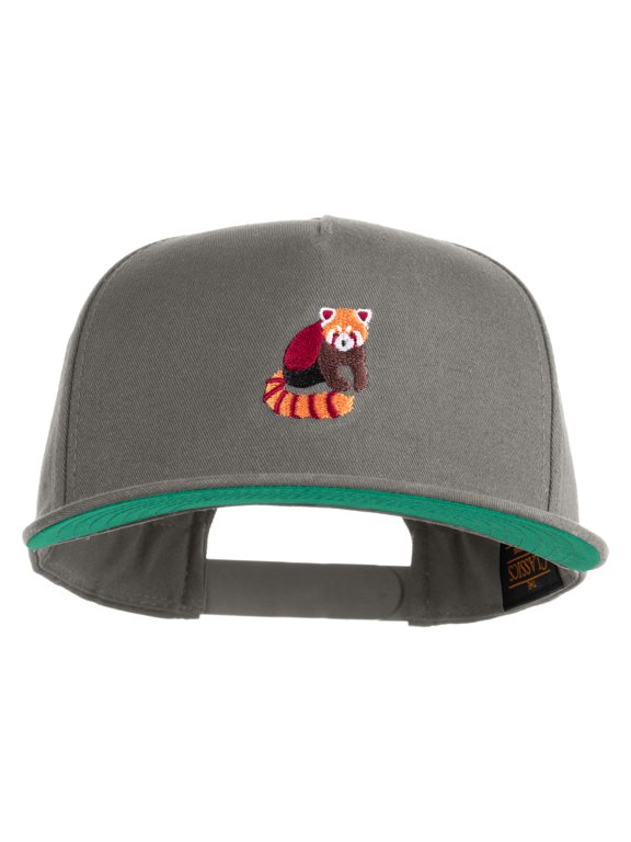 Red Panda Embroidered 5 Panel Flat Bill Twill Snapback Solid Cap - Dark Grey OSFM