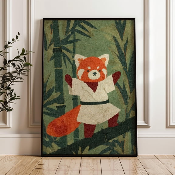 Red Panda Karate, Contemporary Folk Wall Art Print, Whimsical Bamboo Forest Poster, Poster Only