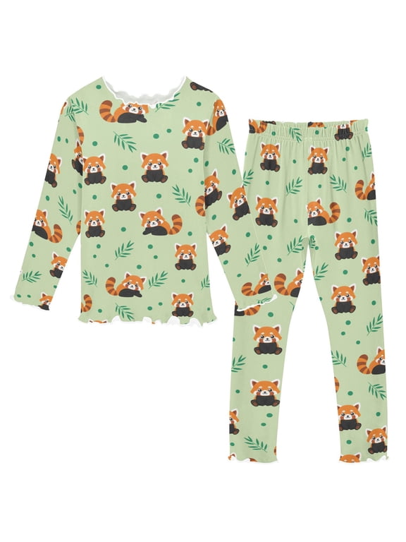 Red Panda Leaves Long Sleeve Snug Fit Pajama Set 2 Piece Soft Warm Fleece Top and Pants Sleepwear PJs