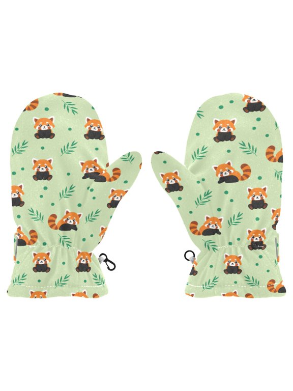 Red Panda Leaves Pattern Cold Weather Mittens Warm Thick Fleece Lined Adjustable Snow Outdoor Winter Medium Ages 4-6