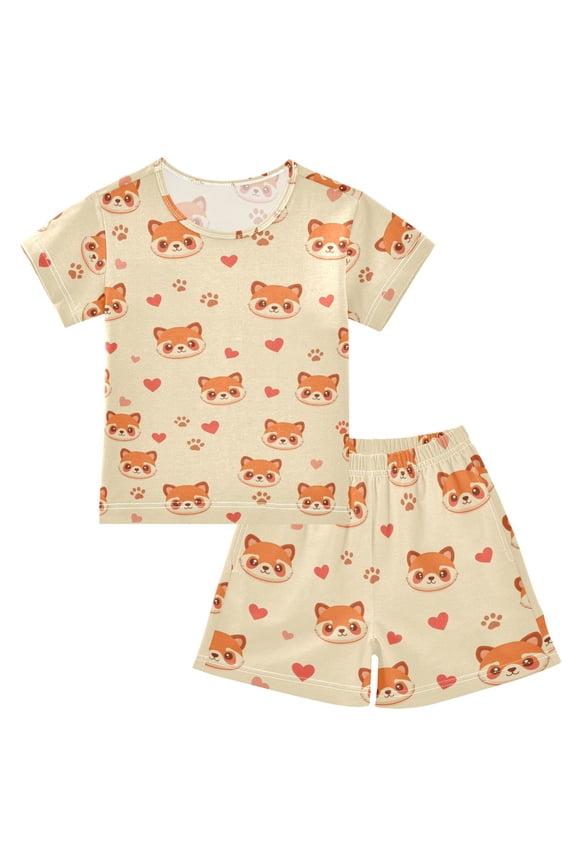 Red Panda Pattern Summer Pajama Set Soft Cotton Short Sleeve Sleepwear 2PCS Pajama Sets Breathable Lounge Set Size 10Y