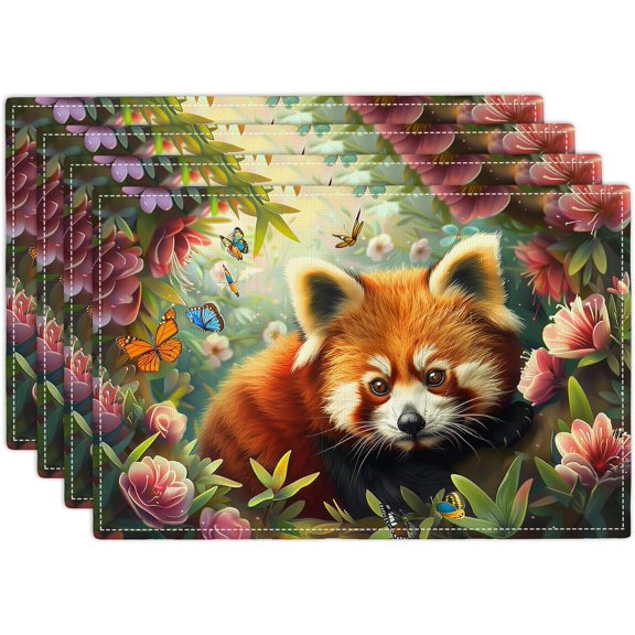 Red Panda Placemats Set of 4 Cute Animals Floral Flower Butterfly Table Mats Washable Place Mats for Home Party Indoor Kitchen Dining Table Decoration 12x18 Inch