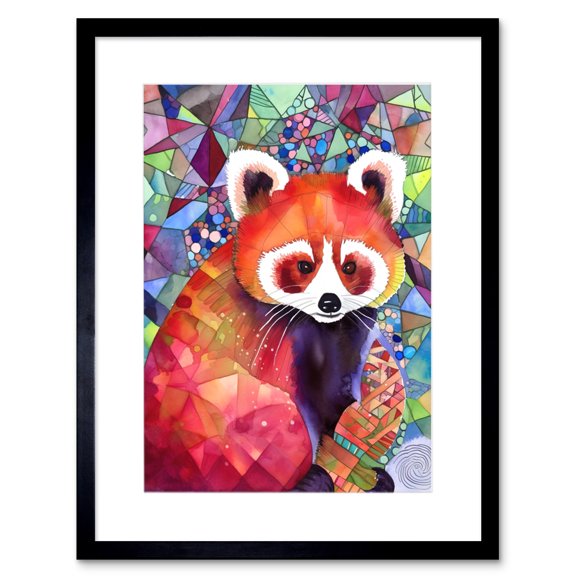 Red Panda Polygon Pattern Folk Art Artwork Framed Print Wall Art 9X7 Inch