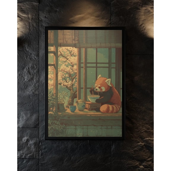 Red Panda Ramen Print | Vintage Japanese Wall Art | Ukiyo-E Inspired Poster | Wabi-Sabi Kitchen Decor | Cherry Blossom Teahouse, Unframed Poster Size 8x12