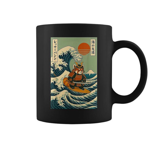 Red Panda Samurai Surfing Japanese Wave Coffee Mugs