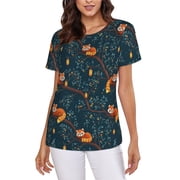 Red Panda T-Shirt Crew Neck Short Sleeve Full-Print for Women