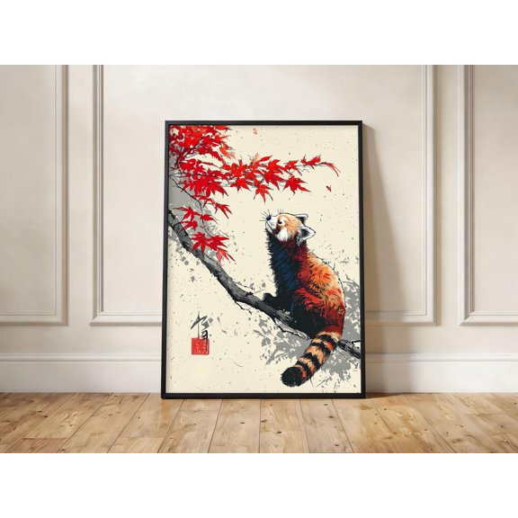 Red Panda Ukiyo-e Poster Autumn Maple Leaves Zen Wildlife Art Poster , Poster Print Only