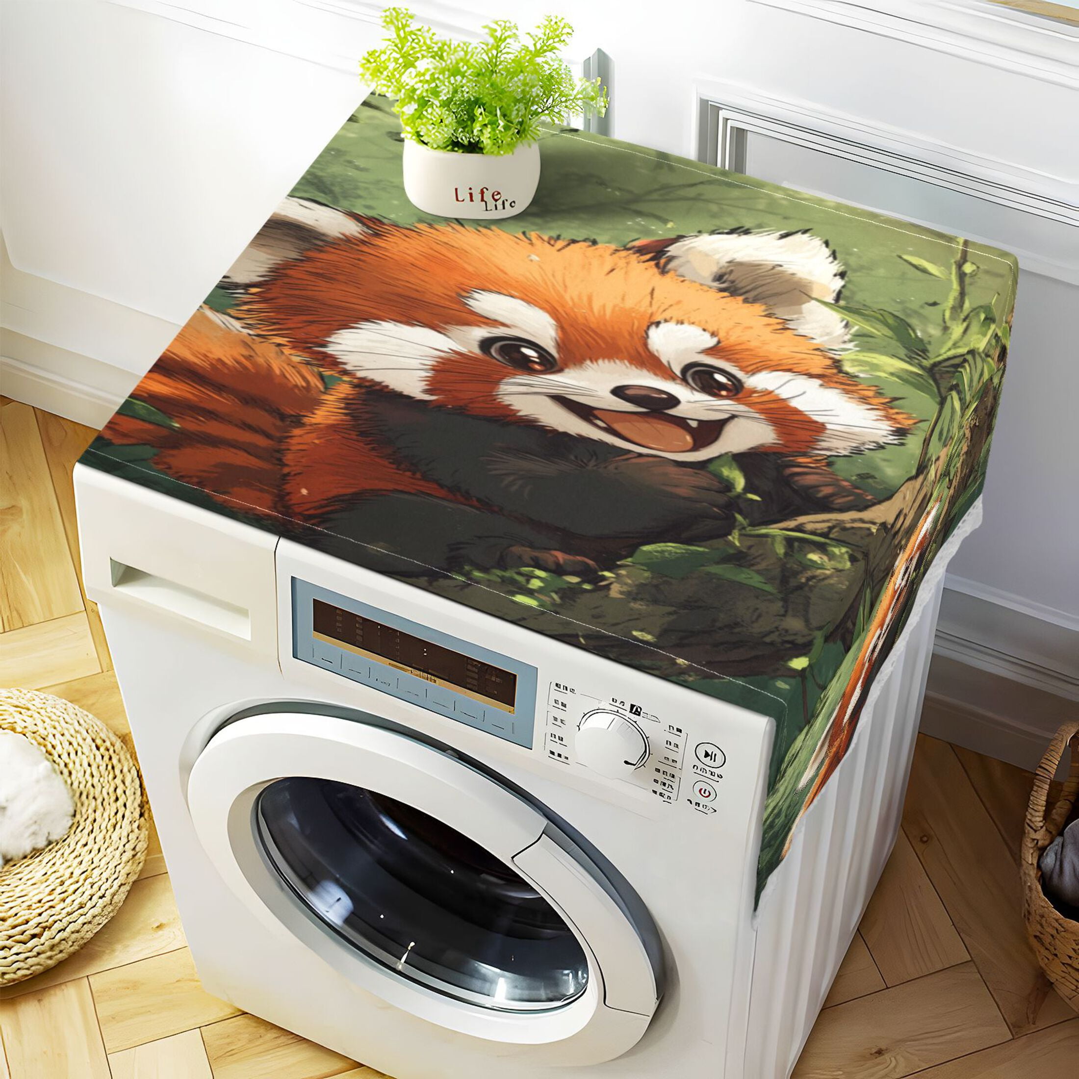 Red PandaWasher and Dryer Covers Dust-Proof and Oil Resistant Fridge Cover with 4 Storage Pockets Washing Machine Top Cover for Laundry Kitchen Home 51.2 x 22 In