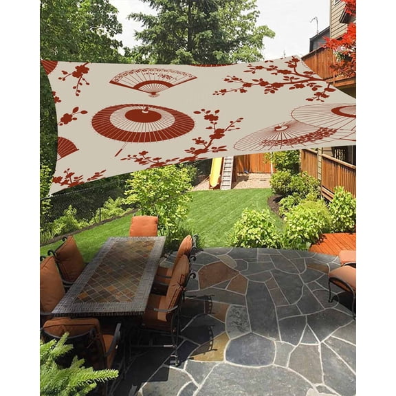 Red Paper Fan Sun Shade Sail 14'X18' Cherry Blossom Branch Japanese Style Brown UV Block Outdoor Sail Shades Breathable Waterproof Rectangular Sunshade for Patio Garden Pool Pergola Porch