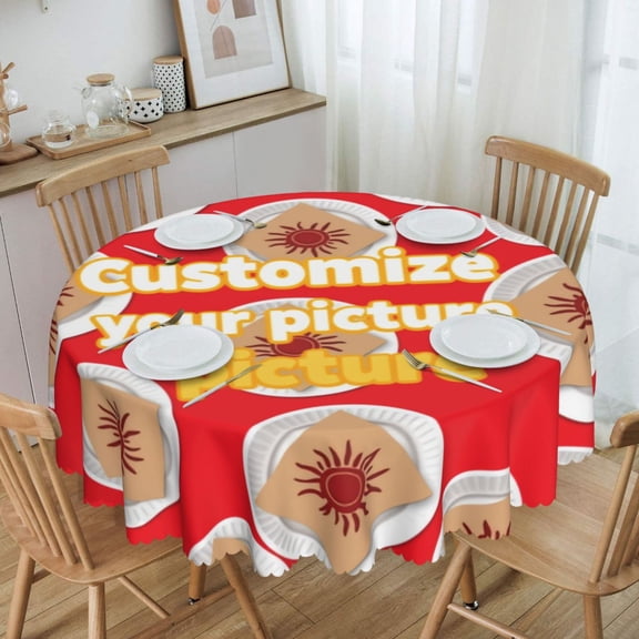 Red Paper Plate Sun Motif With Custom Text Round Tablecloth Waterproof Oil Proof Spill Proof Table Cloth 70" for Camping, Dining, Indoor and Outdoor Table Cover
