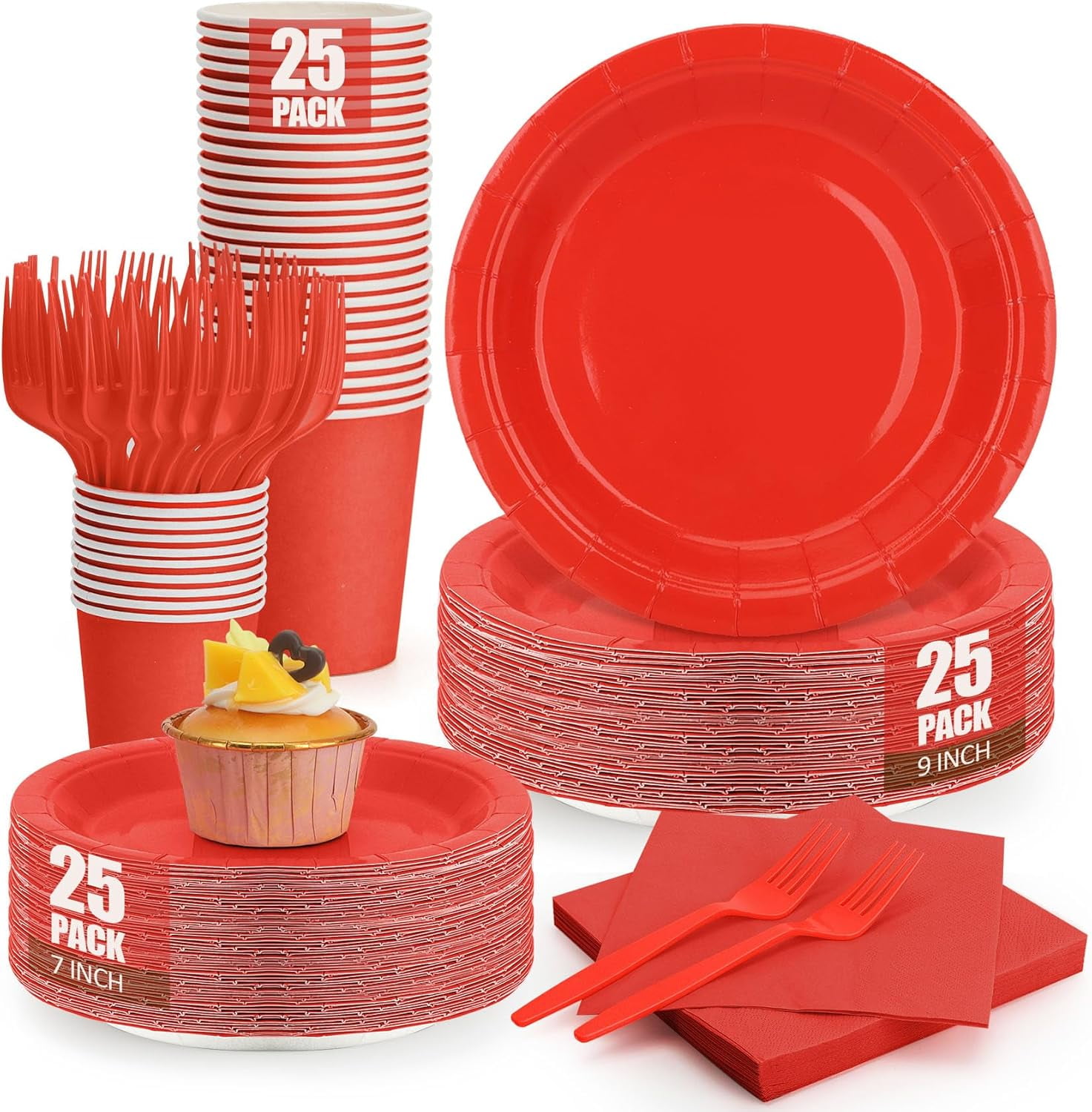 Red Paper Plates and Napkins Party Supplies, Include 9’’Disposable Red  Plates, 7’’Dessert Plate and Cups and Napkins Forks Set for Birthdays, ..., image size:1473x1500
