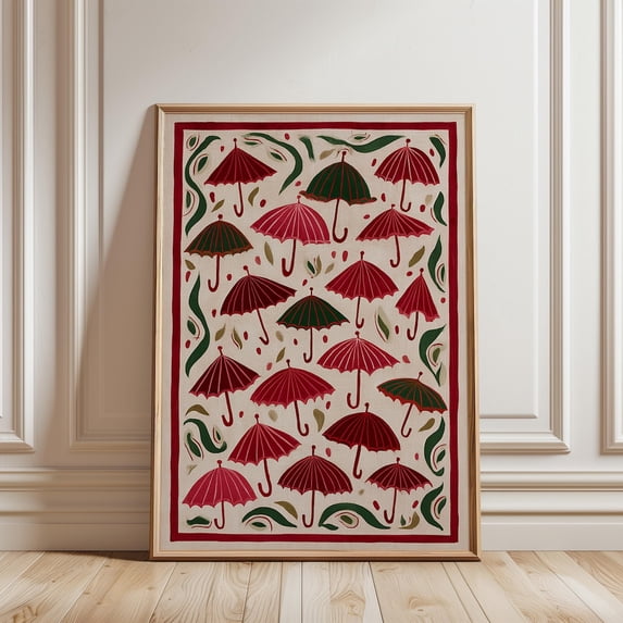 Red Parasol Floral Design Umbrella Pattern Japanese Style Print Poster, Stretched Canvas 16x20in