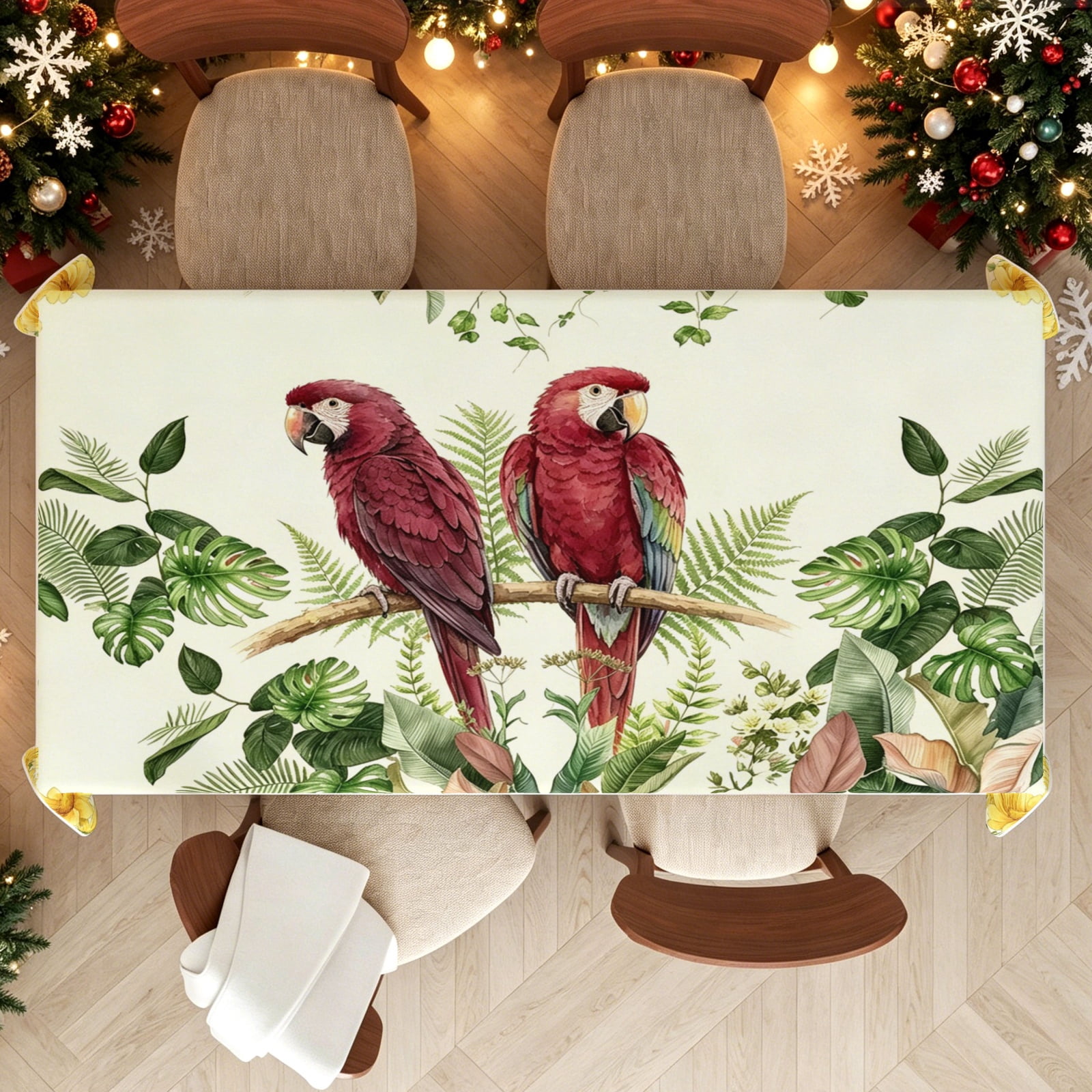 English Red Pattern Red Parrot Sunflower Pattern Rectangle Tablecloth, Anti Shrink Table ...