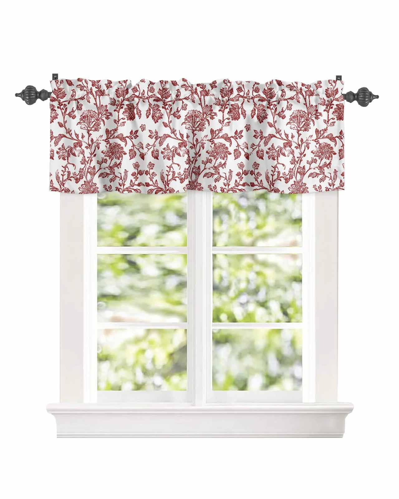 Red Pastoral Flower Curtain Valances for Kitchen Windows,Rod Pocket Short Valance Vintage Rustic Farmhouse Floral Window Treatment for Living Room Bathroom Bedroom,54" x 18"-1 Panel