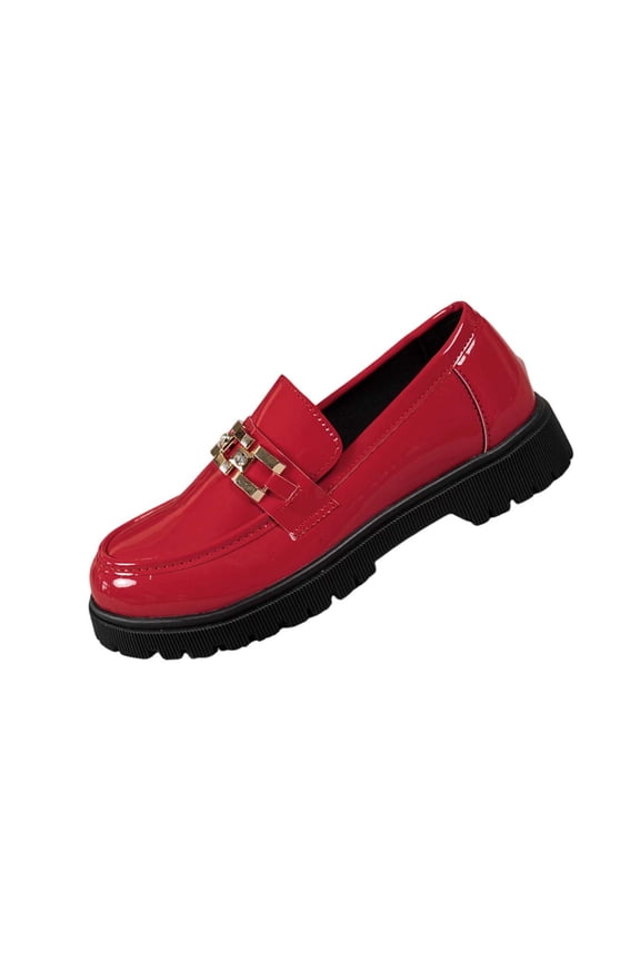 Red Patent Faux Leather Chunky Platform Loafers for Women Slip On Gold Buckle Casual Dress Shoes,Size 5.5