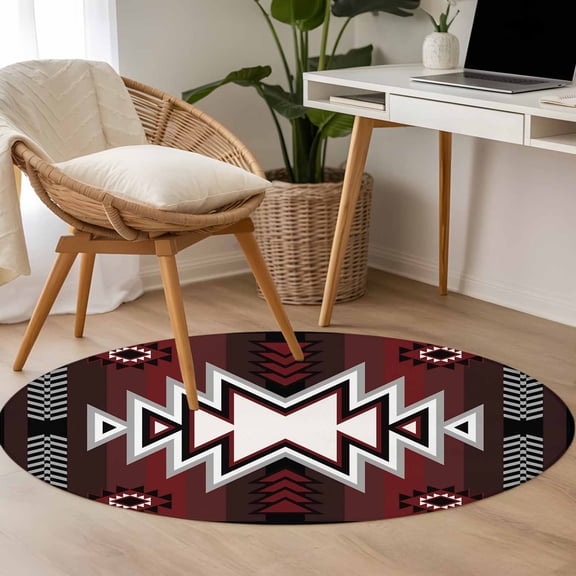 Red Pattern Retro Bohemian 3.3ft Round Rug for Bedroom Reading Corner, Square Abstract Geometric Washable Non Slip Circle Area Rug