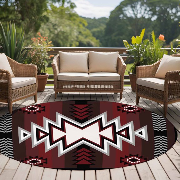 Red Pattern Retro Bohemian 8ft Round Rug for Open Concept Living Room Seating Zone, Square Abstract Geometric Washable Non Slip Large Circle Area Rug
