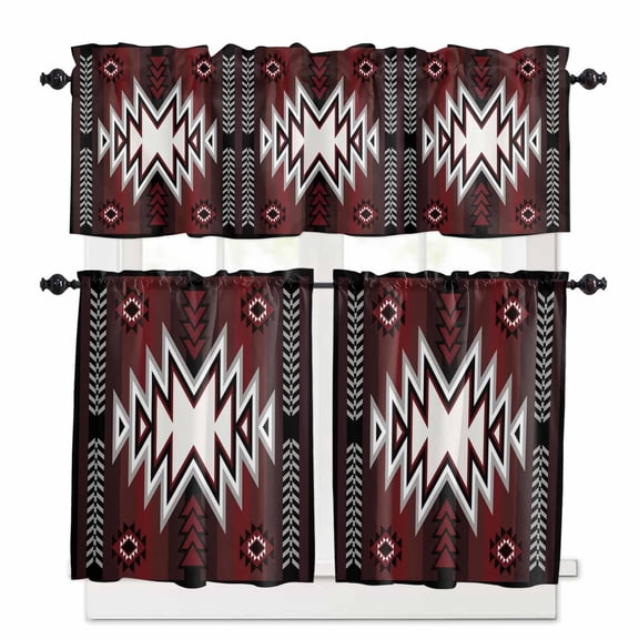 Red Pattern Retro Bohemian Kitchen Curtains Valance and Tier Set Square Abstract Geometric Rod Pocket Short Curtains for Small Window 3 Pieces Set for Bedroom Bathroom Cafe (54" x 18"+27" x 24")