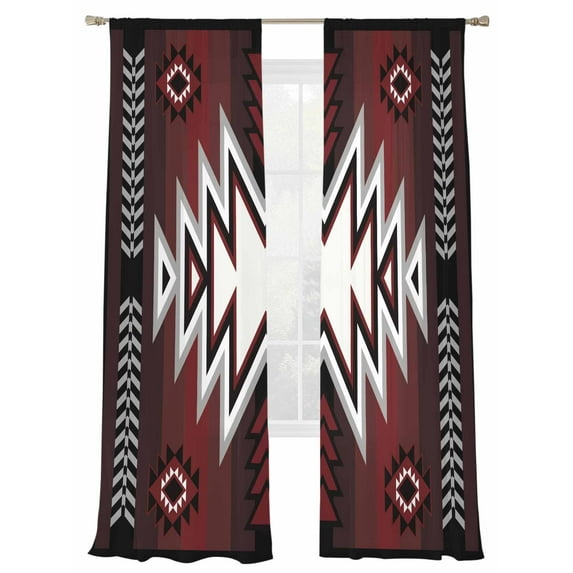Red Pattern Retro Bohemian Sheer Curtains 108 Inch Long 2 Panels, Square Abstract Geometric Light Filtering Rod Pocket Semi Sheer Curtains, Sheer Voile Drapes for Living Room Bedroom, 52"x108"