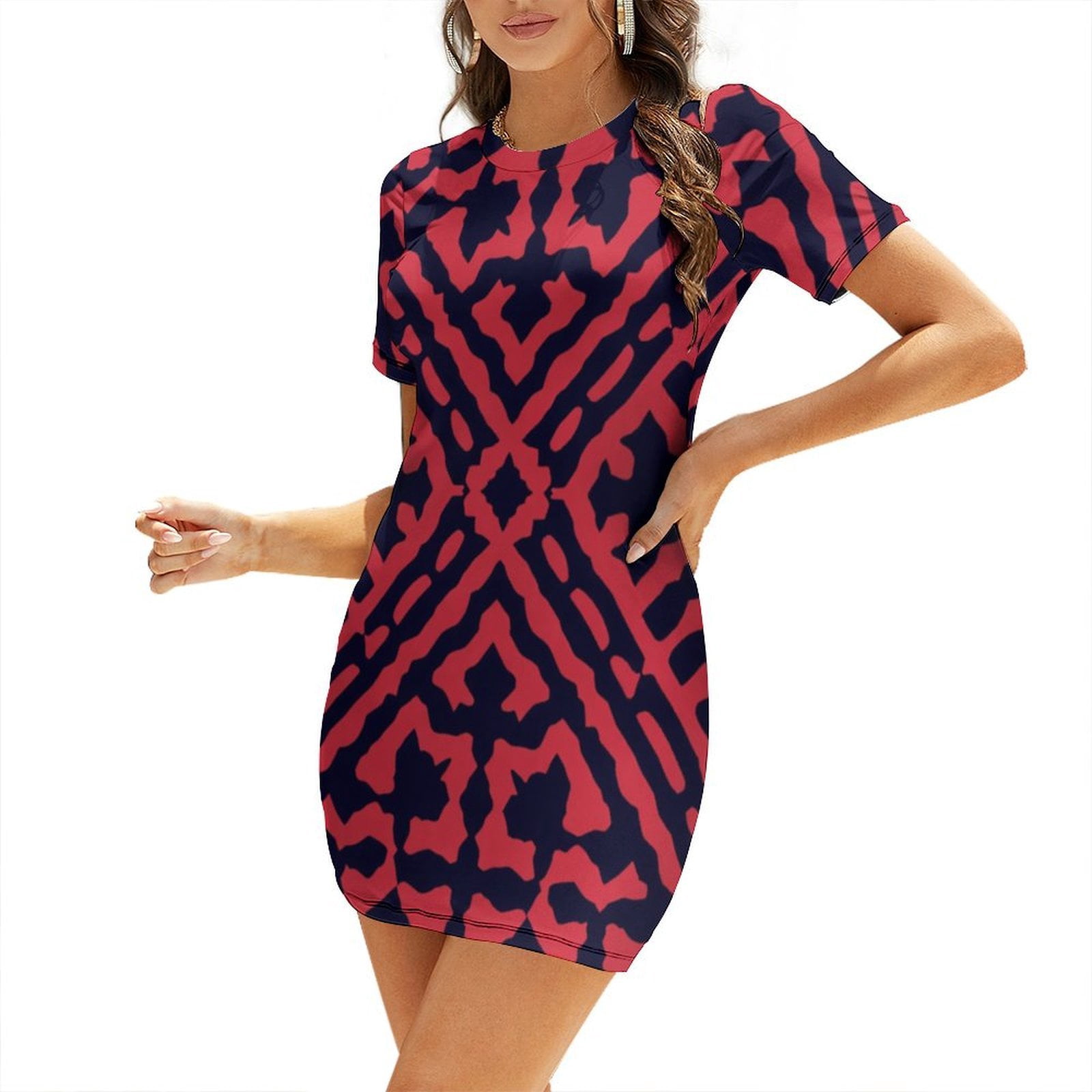 Red Pattern on Dark Summer Dresses For Women Dress Short Sleeves Dress ...