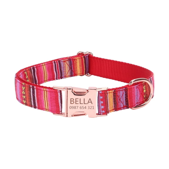 Red Patterned Dog Collar (Size S) for Small Dogs - Metal Buckle, Adjustable Nylon Collar with Engraving-Ready Name Plate, Sturdy Secure Fit - For Puppies, Small Breed Dogs, Daily Walks, Training Sess