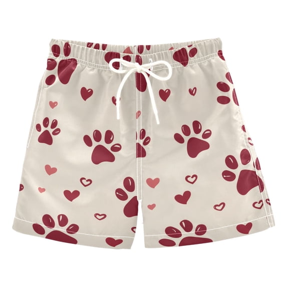 Red Paw Print Hearts Valentine Swim Trunks Board Shorts Beach Pants Bathing Bottoms 5T