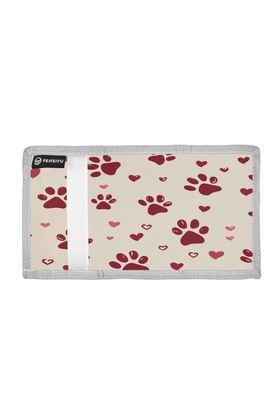 Red Paw Print Hearts Valentine Trifold Wallets Card Holders Coin Pockets with Lanyards Portable Unisex