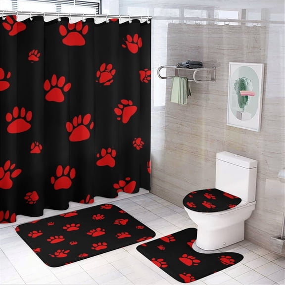 Red Paw Prints Pattern Shower Curtain Set Modern Bathroom Decor Mats 4pcs Fabric Bathroom Curtain Slip Floor Rug Toilet Lid