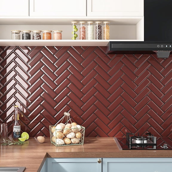 Red Peel and Stick Backsplash for Kitchen, Self Adhesive Wall Tiles 12"x12" (10 Pcs / 10 Sq Ft), Waterproof 3D Wall Stickers, Available in Square or Herringbone Pattern, for Bathroom