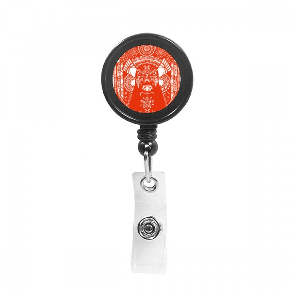Red Peking Opera Paper-cut Facial Head Retractable Keychain Badge Holder ID Badge