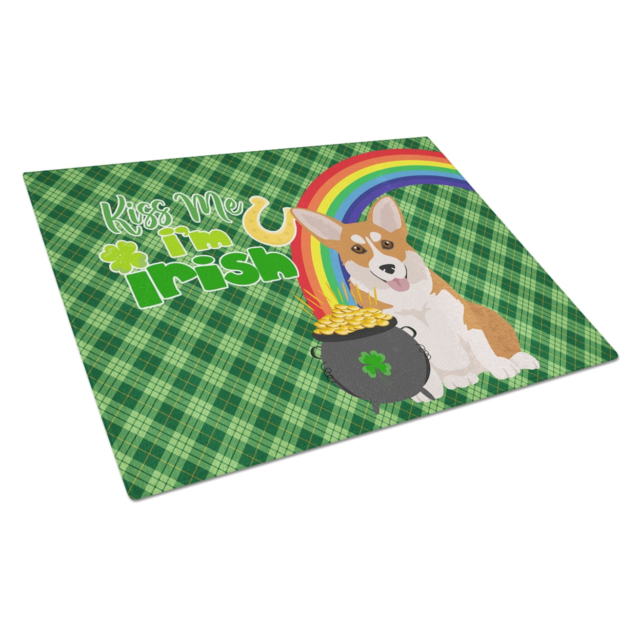 Red Pembroke Corgi St. Patrick's Day Glass Cutting Board Large 12 in x 15 in
