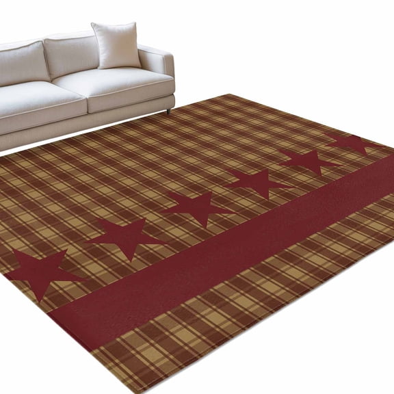 Red Pentagram 6x9ft Non Slip Area Rug Retro Star Red Brown Plaid Country Farmhouse Washable Soft Area Rugs for Living Room, Indoor Circle Carpet for Bedroom Dining Room Kitchen