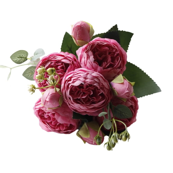 Red Peony Artificial Flowers with Eucalyptus Stems, Faux Floral Bouquet, Home Decor Dining Table Centerpiece for Valentine Party