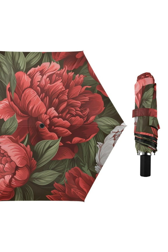 Red Peony Flowers Leaves All Weather Umbrella Triple Folding Parasol 6 Ribs UV Protection Portable