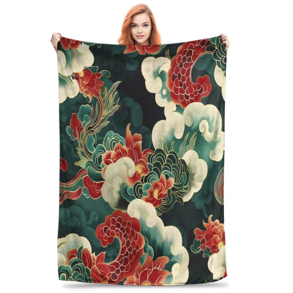 Red Peony Oriental Cloud Pattern Print Flannel Throw Blanket