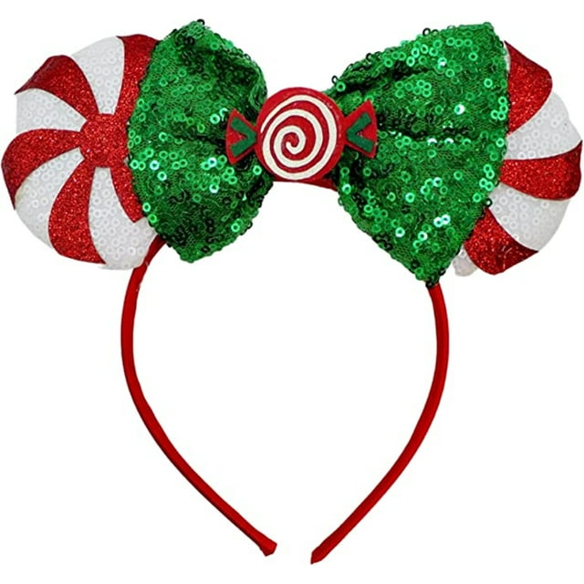 Red Peppermint Candy Headband with Green Sequins Bow, Xmas Christmas